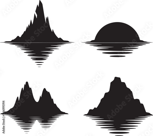 Four stylized black silhouettes of mountains reflected in water