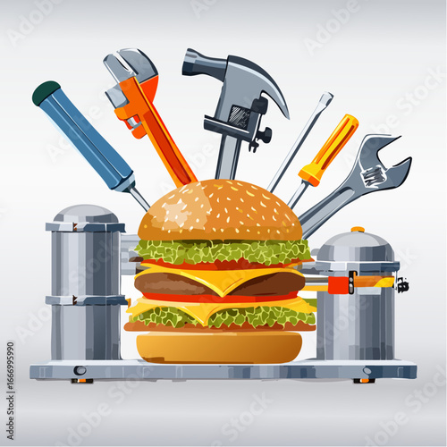 Tools and Delicious Double Cheeseburger Illustration