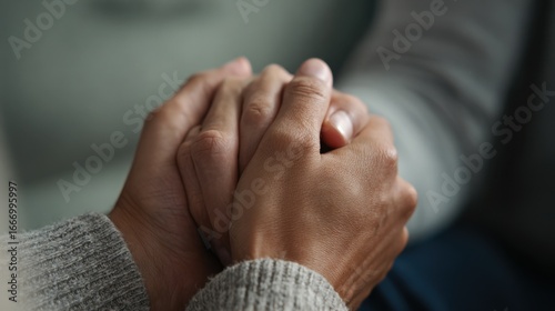 Medium shot of a comforting hand squeeze between two people focus on connection amidst an indistinct background symbolizing emotional support.