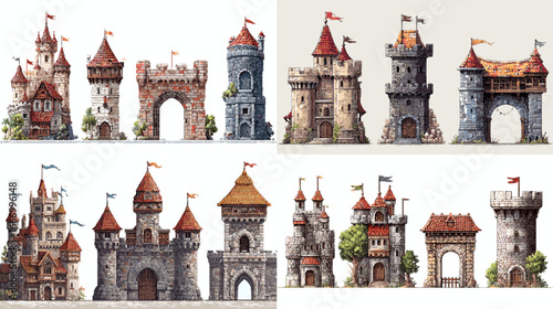 Detailed medieval castle and fortress illustrations with towers, gates, and turrets. Ideal for fantasy games, historical themes, and architectural design projects.