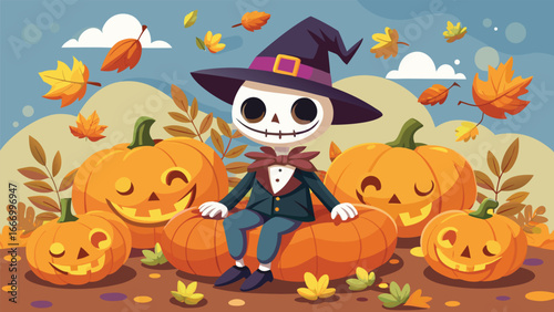 Adorable cartoon skeleton sitting on two grinning pumpkins perfect for halloween promotions and banners