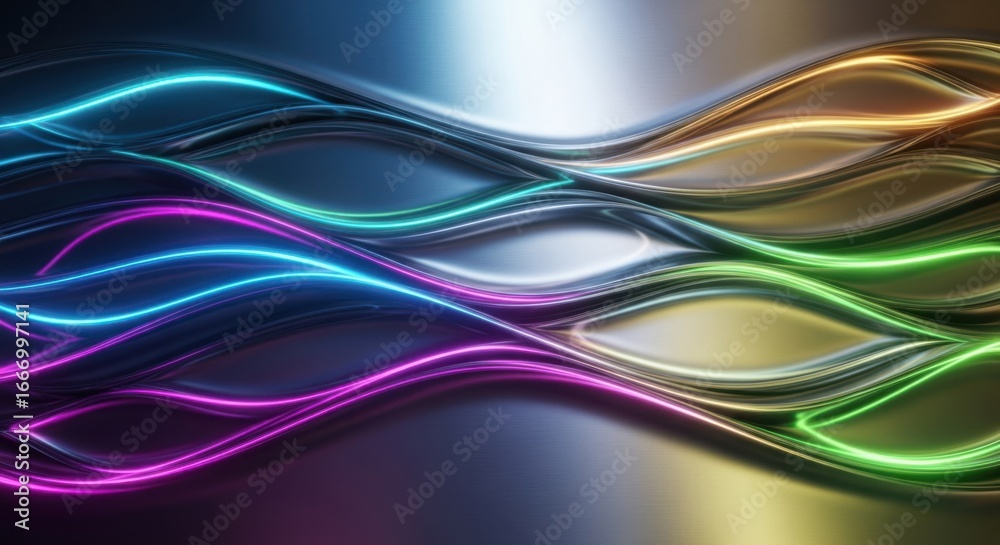 Obraz premium Abstract waves of colorful neon light flow across a dark, metallic background, creating a futuristic digital art