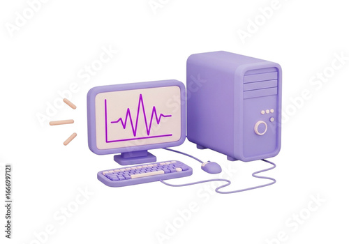 Modern computer system with data analytics display showing waveform and graph on monitor screen transparent background