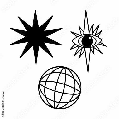 Vector art of collection of abstract graphic elements including a starburst, an allseeing eye symbol, and a stylized globe, isolated on a