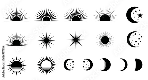 Collection of sun and moon icons; various styles, sunrise, sunset, crescent, full.