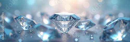 Sparkling diamonds scattered on light background. Faceted gems reflect brilliant light, creating alluring, luxurious visual. Illustration evokes elegance, sophistication, exclusivity for jewelry