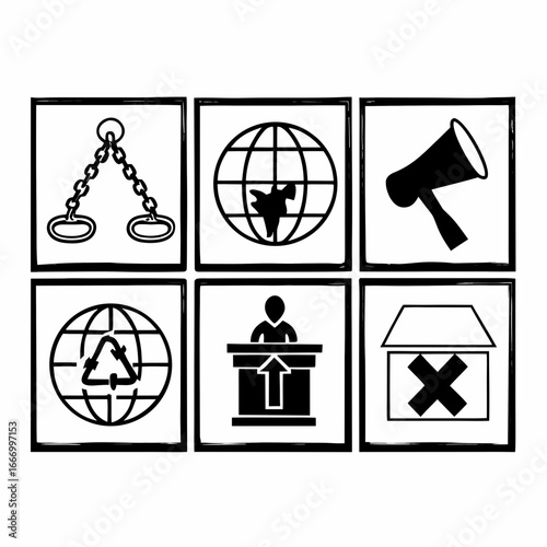 Vector art of collection of six graphic icons representing justice, global issues, protest, public speaking, environmentalism, and voting