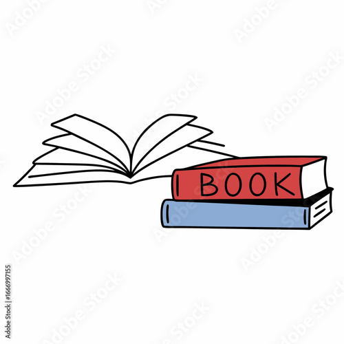 Vector art of handdrawn illustration of an open book and a stack of closed books, one with the word book on its spine, isolated on a