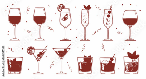 Collection of various alcoholic beverage glasses, showcasing different drink types, garnished with fruits.