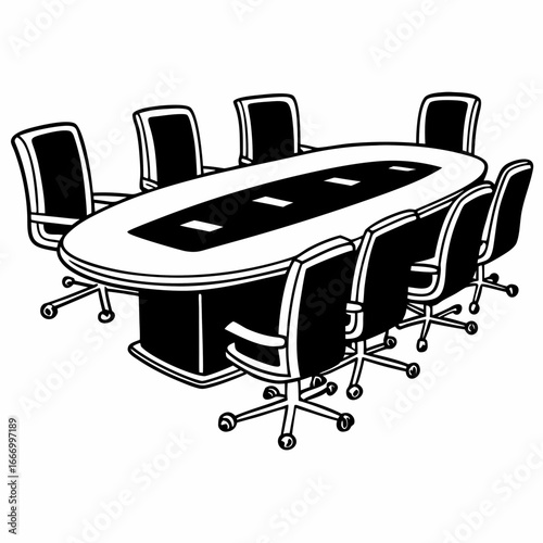 Vector art of oval conference table with eight chairs in a boardroom, , representing business meetings and corporate discussions