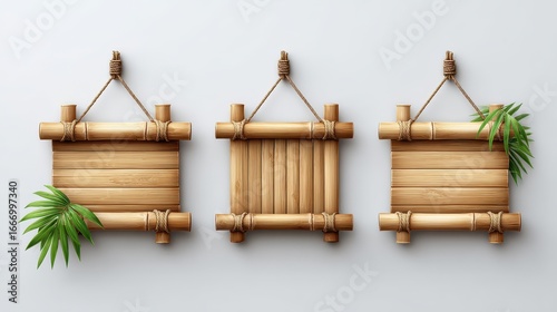 Three wooden signs with bamboo frames, adorned with green leaves, suspended from ropes against a light background.