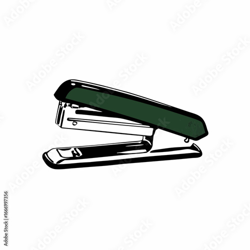 Vector art of a modern green and black stapler, a common office supply for binding papers together