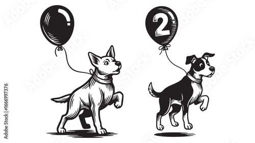Playful dogs with balloons celebrating milestones, perfect for pet birthdays and joyful events