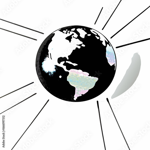 Vector art of stylized illustration of planet earth with continents visible, , with radiating lines suggesting energy or communication