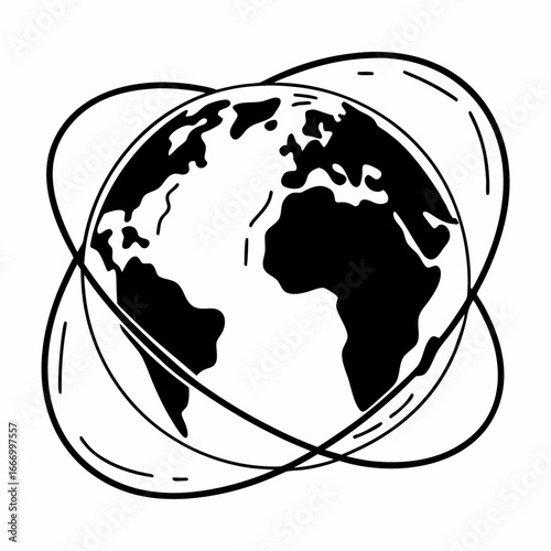 Vector art of stylized illustration of planet earth with orbital lines, representing global connection and exploration