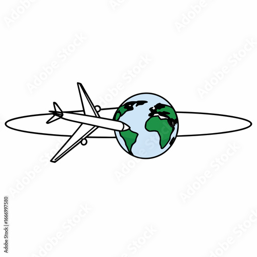 Vector art of an airplane in flight circling the globe, symbolizing international travel and global connectivity