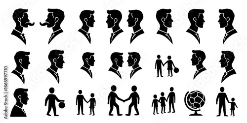 Silhouette Icons Set of International Men’s Day, including strong male profiles, mustache icons, ties, shirts, sports symbols, handshake icons, family figures with fathers, globe and male symbols