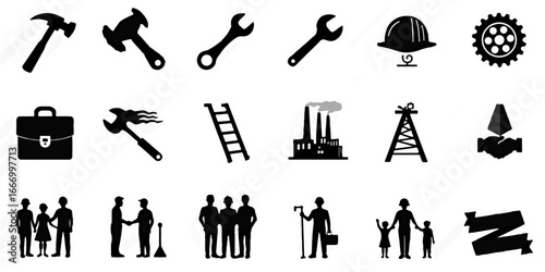 Silhouette Icons Set of Labor Day, including tools like hammer, wrench, gear, construction helmet, factory, workers raising hands, briefcase, ladder, handshake, and banner icons