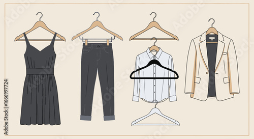 Various garments hanging on hangers, showcasing different styles and types of clothing.