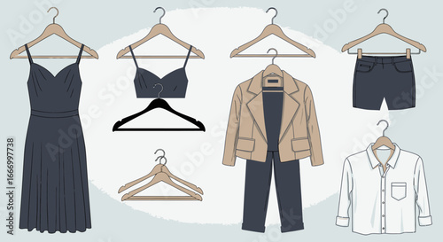 Stylish clothing items hanging on wooden hangers, including a dress, blazer, pants, shirt, and shorts.