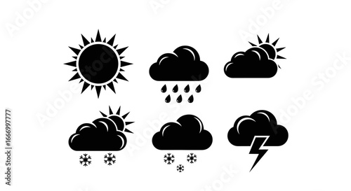 Set of simple black weather icons, including sun, clouds, rain, snow, and lightning.
