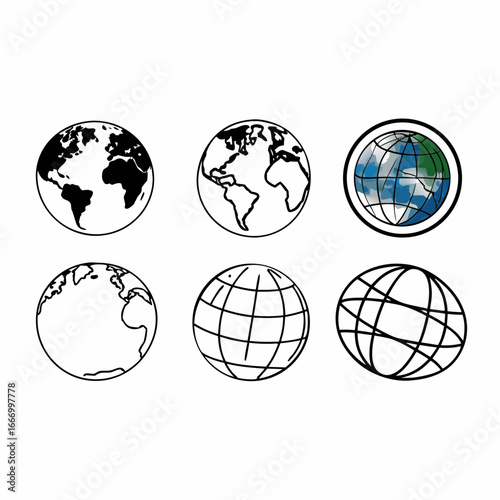 Vector art of collection of six stylized illustrations of planet earth, showcasing different representations of the globe, continents, and grid lines