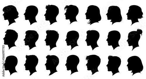 Silhouetted profiles of diverse individuals showcasing varying hairstyles and facial features.