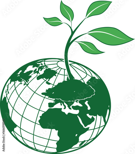 A vector illustration of a green globe with a tree symbol, representing a global concept of environmental conservation and ecology