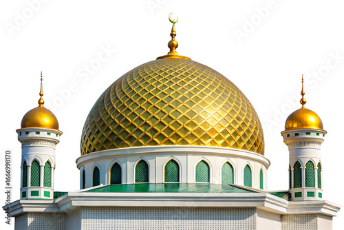 Golden dome of a mosque isolated on transparent background, an islamic place of worship with minarets and crescent moon on top
