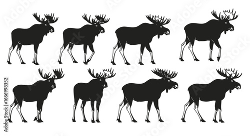 A repeated pattern of eight silhouette moose, each with large antlers, walking across the frame.
