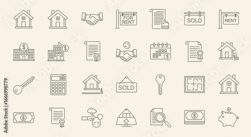 Real estate icons showing homes, contracts, handshake deals, and financial transactions for commercial use