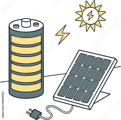Green energy technology: a photovoltaic solar cell panel with battery power storage illustration