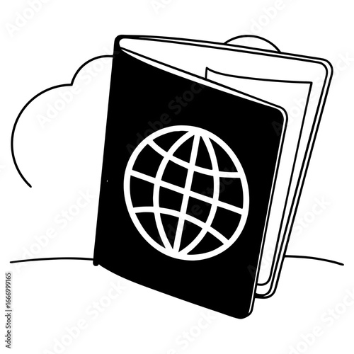Vector art of open passport with a globe symbol on the cover, representing international travel and global identification, isolated on a