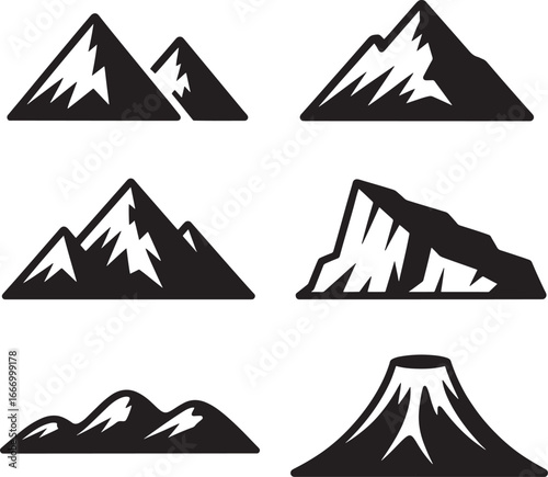 Collection of six stylized black and white mountain silhouettes