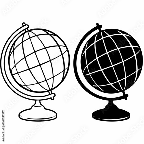 Vector art of two globes, one in black and white outline and the other in solid black, displayed side by side, representing global knowledge and education