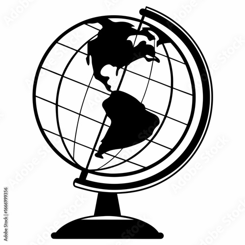 Vector art of black and white illustration of a globe showing continents and oceans, isolated on a