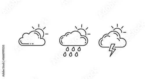 Dynamic weather icons show sun, rain, and lightning for clear forecasting and climate concepts
