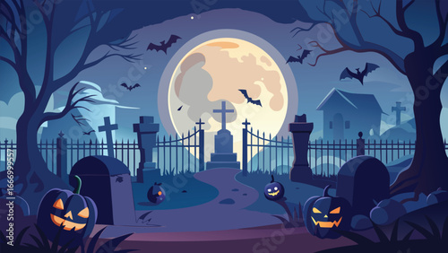 Eerie halloween cemetery scene with dim lighting and spooky atmosphere