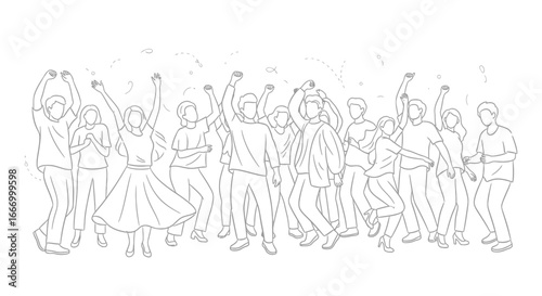 Dynamic crowd celebrating with raised fists and joyful energy in a celebratory moment