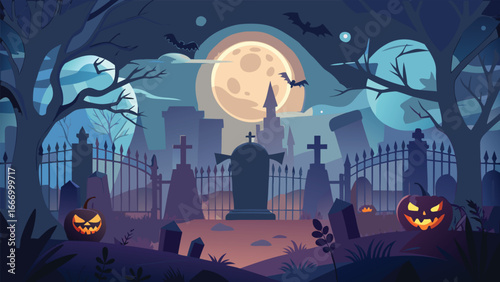 Eerie halloween cemetery scene with dim lighting and spooky atmosphere