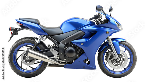 A sleek blue sport motorcycle isolated on transparent background, showcasing its modern design and powerful engine, ideal for racing and touring