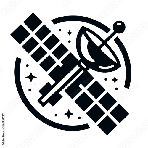 Satellite vector illustration with solar panels and dish antenna in a circular design on transparent background for technology, communication, and space design projects
