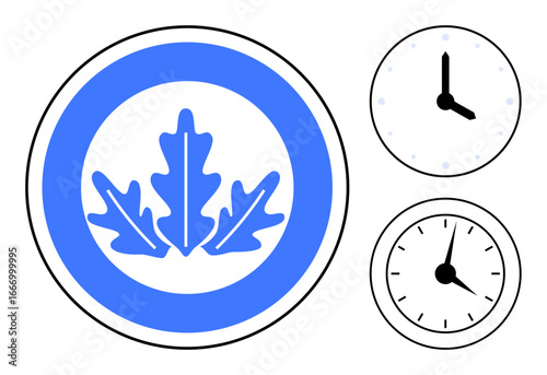 Blue leaves encased in a circle paired with two analog clocks showing different times. Ideal for nature, time management, growth, sustainability, planning, balance, conscious living simple flat
