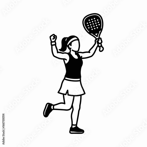 Dynamic padel player celebrating victory with raised paddle and joyful expression, perfect for sports and fitness promotions