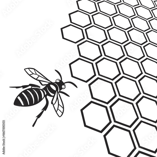 Vector art of a black and white illustration of a wasp flying next to a honeycomb pattern, isolated on a