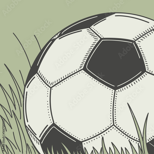 Vector art of a closeup illustration of a classic black and white soccer ball nestled in lush green grass, evoking a sense of outdoor sport and competition