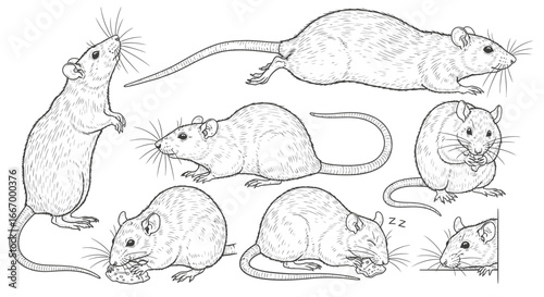 Charming collection of realistic rat illustrations capturing playful and curious moments