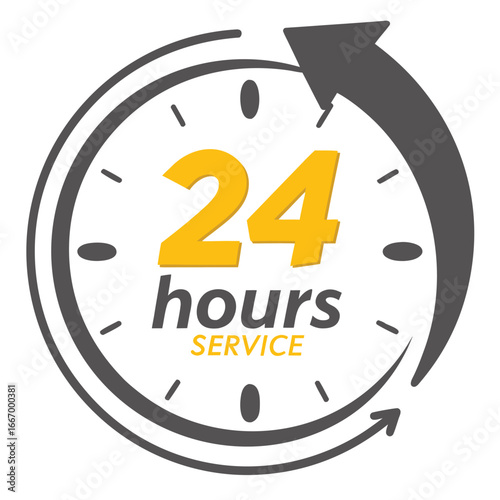 Round clock symbol featuring 24 hours service with a circular arrow indicating continuous operation