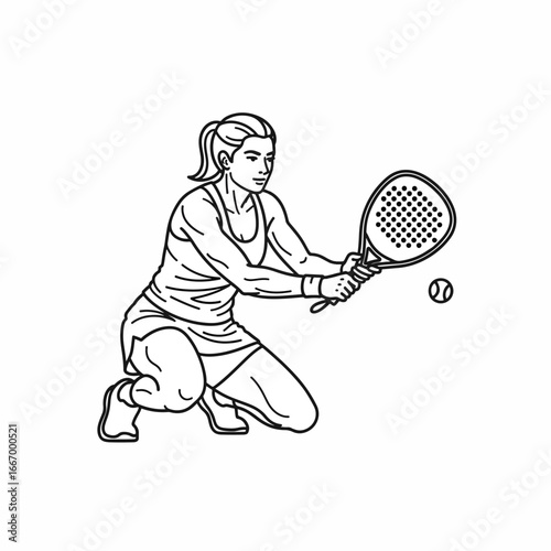 Dynamic female athlete in athletic wear powerfully striking a padel ball with a racket, capturing intense sports action and dedication.