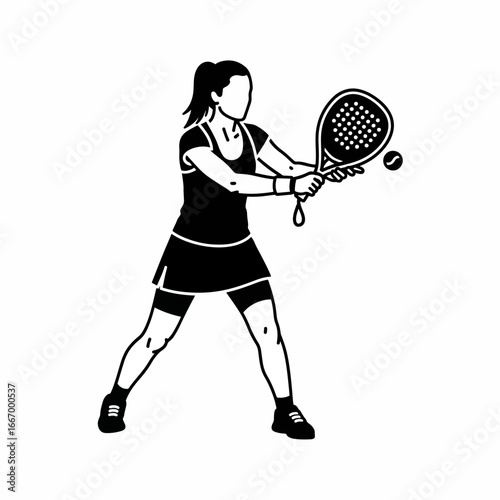 Dynamic female padel player ready to serve or return the ball in a modern black and white illustration, perfect for sports branding